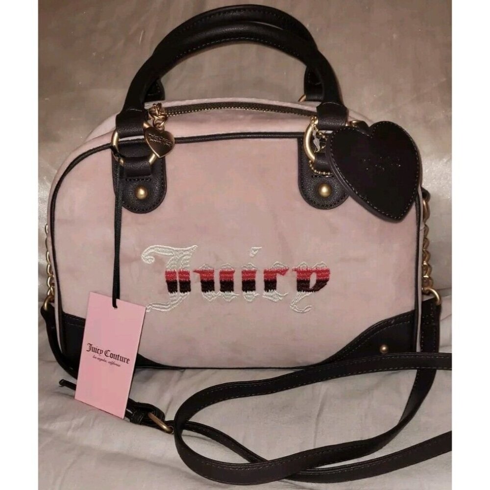 NWT Juicy Couture Velour Bowler Bag Pink Embroidered Chocolate Retro Satchel